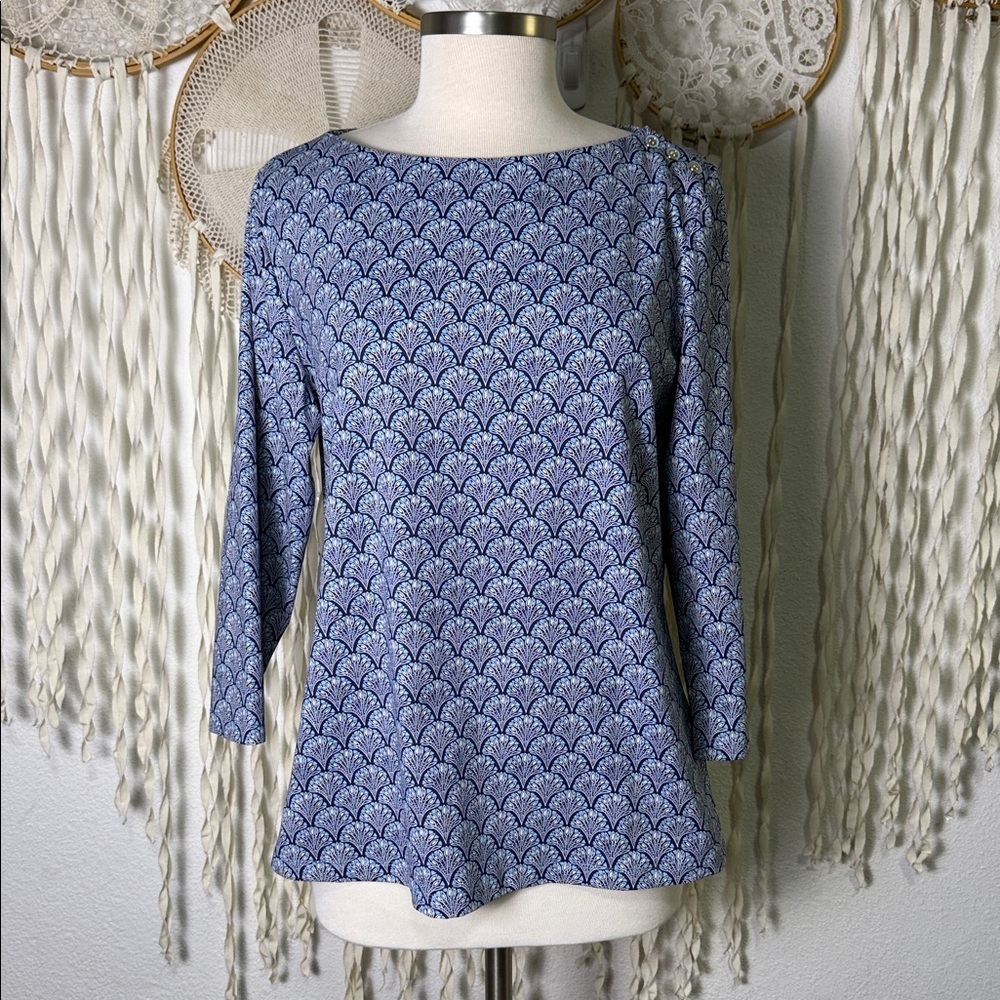 J. McLaughlin Blue Printed Boatneck Long-Sleeve Top